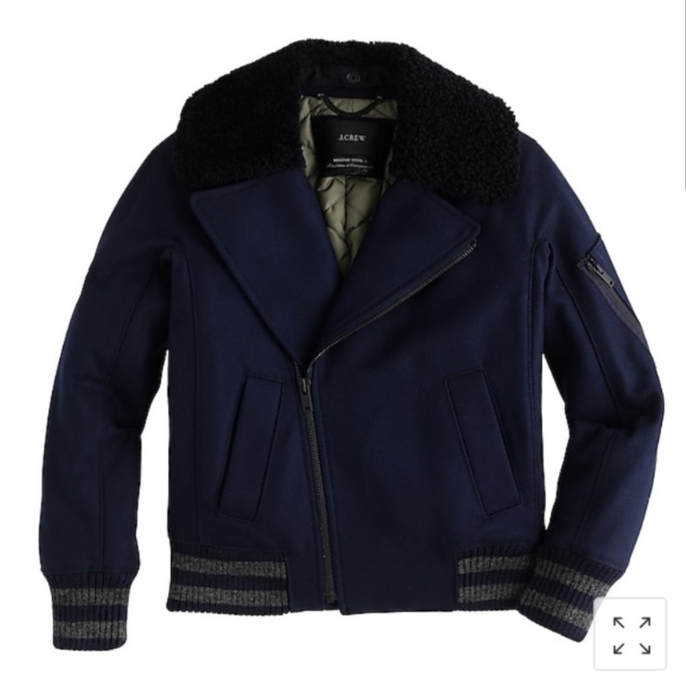 J.Crew Collection || Shearling Bomber Jacket Coat Wool Fur Navy Black 0‎